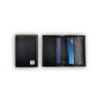 Porta cartão de visita produzido em material sintético preto foto fechado e aberto demonstrando espaçoes para guardar cartões