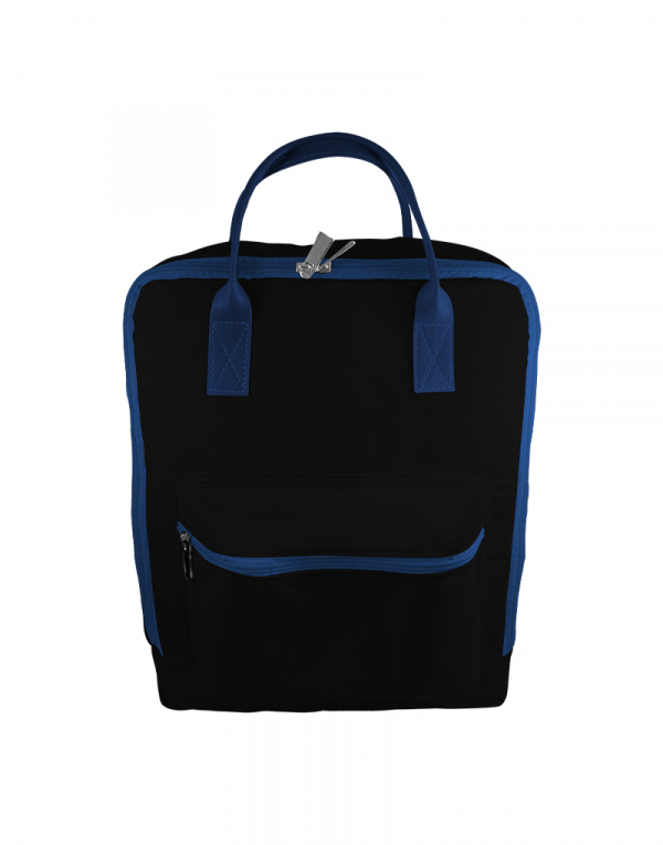 Mochila bolsa em lona preto com detalhes em sintetico azul possui bolso externo
