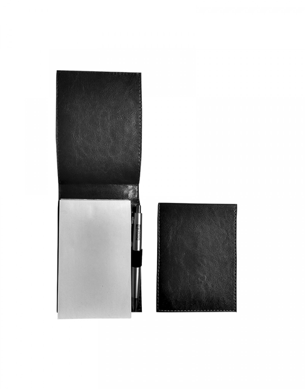 Porta bloco pap produzido em sintético preto acompanha bloco e caneta foto aberta e fechado