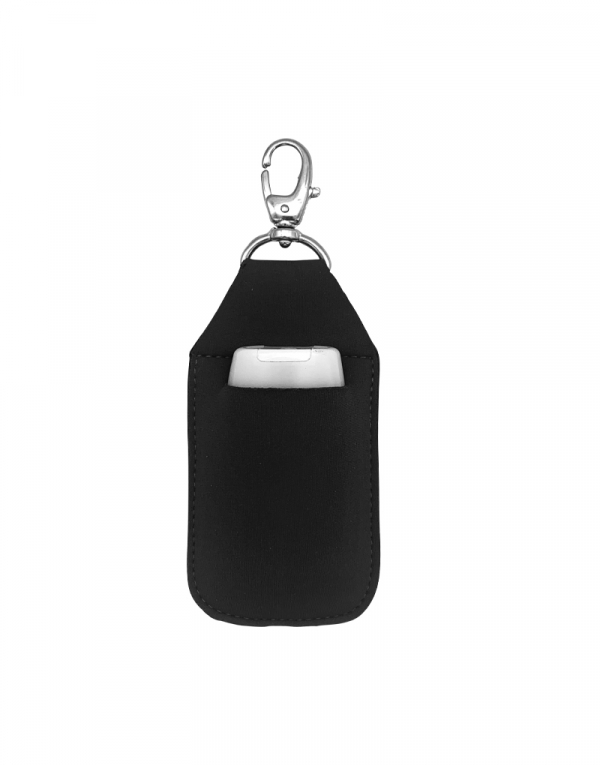 chaveiro porta alcool gel produzido em neoprene preto possui mosquetal em metal niquel
